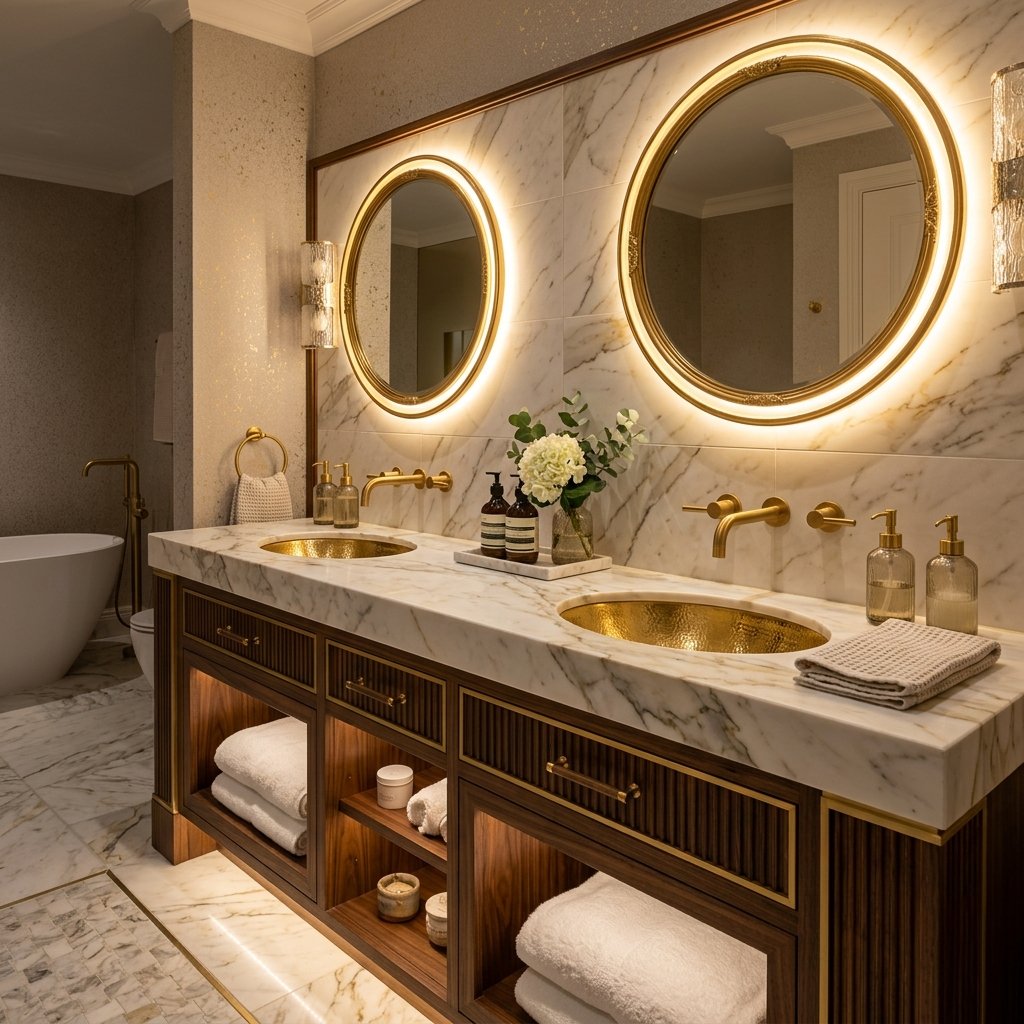 Lüks Mermer ve Gold Detaylı Banyo Dolabı